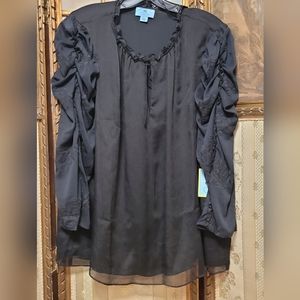 CeCe Black Rusched Long Sleeve Blouse Size XL NWT